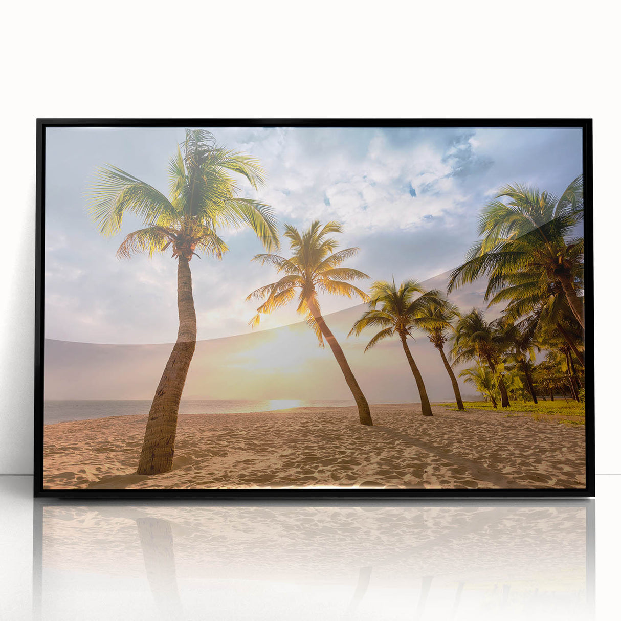 Large abstract wall art depicting a Caribbean scene in vibrant blue and green tones on a framed acrylic.