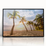 Large abstract wall art depicting a Caribbean scene in vibrant blue and green tones on a framed acrylic.