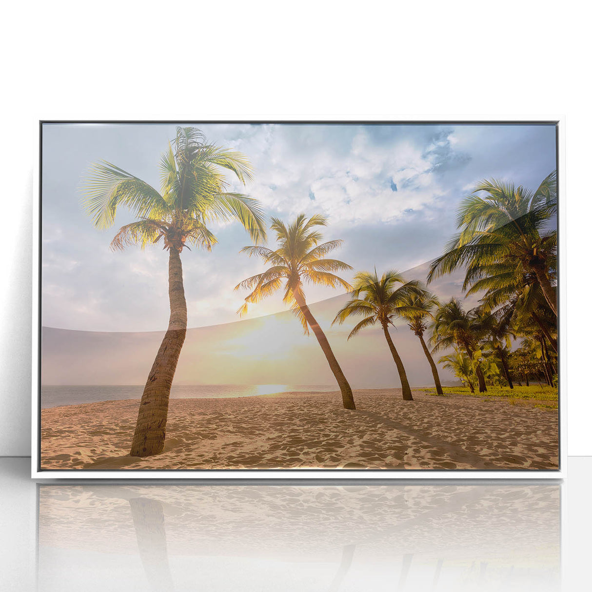 Mid-century modernist art depicting a Caribbean Barbados landscape in vibrant colors on a framed acrylic print.