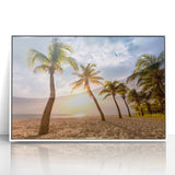 Mid-century modernist art depicting a Caribbean Barbados landscape in vibrant colors on a framed acrylic print.