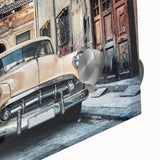 Mid-century modernist acrylic print of a Caribbean landscape, featuring vibrant blue and green tones.