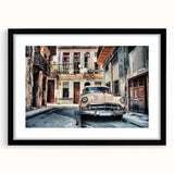 Extra large abstract art print of a vibrant, colorful Caribbean scene on a textured canvas, framed in black.