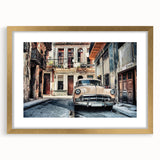 Abstract art print depicting a Caribbean scenery in vibrant blue and green tones on a framed canvas.