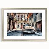 Extra large abstract art print depicting a vibrant Caribbean scene on a textured canvas, framed in silver.