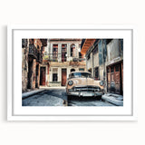 Textured abstract art print of a Caribbean scenery in muted blue and green tones, framed in white, ideal for bedroom art.