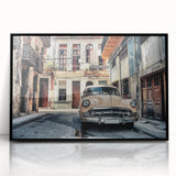 Large abstract wall art of a Caribbean scene in muted blue and green tones on a framed acrylic panel.