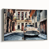 Framed canvas wall art depicting a vintage-style Cuban landscape in muted colors, ideal for bedroom decor.