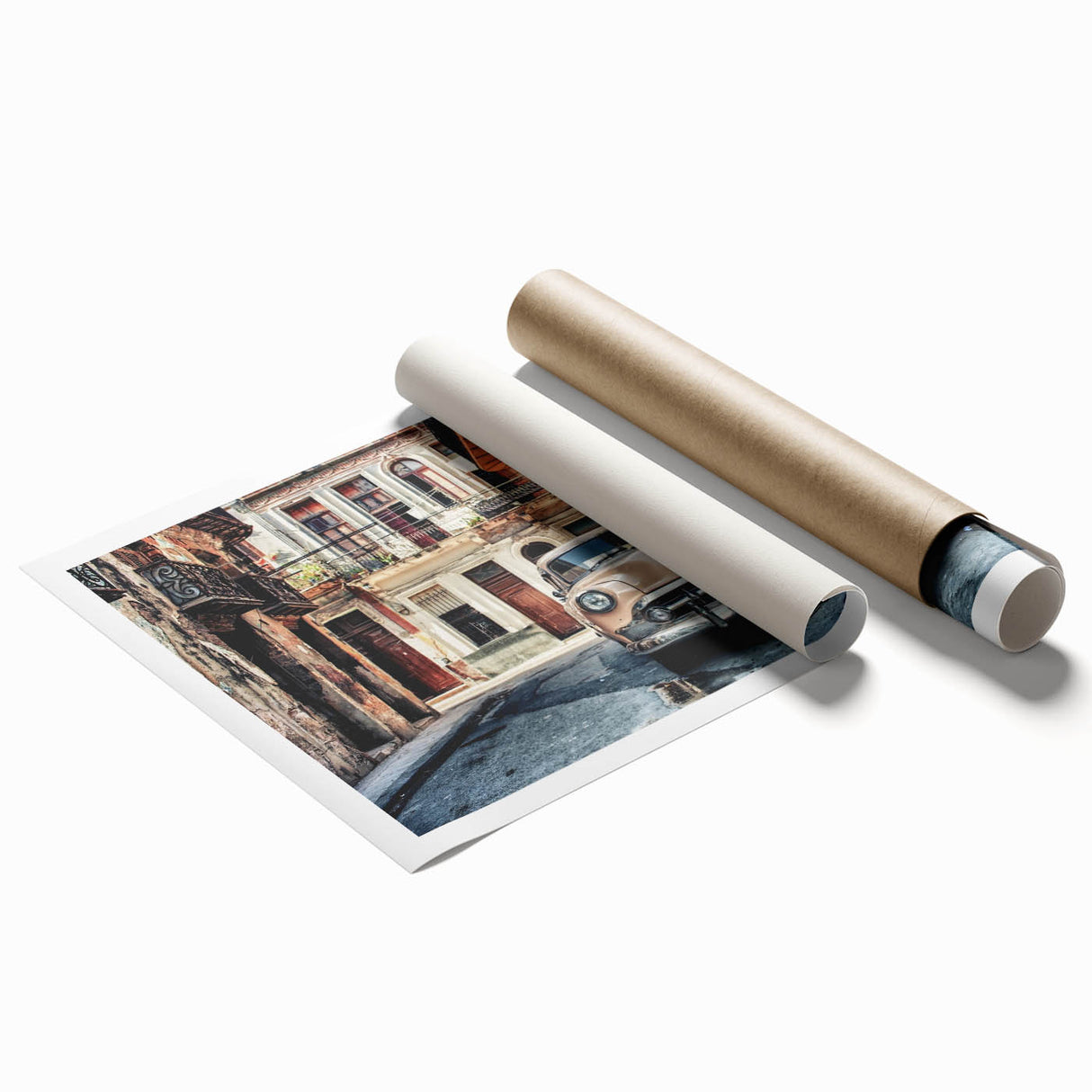 Extra large rolled print of a vibrant Cuban landscape with lush floral elements, ideal for classy bathroom wall art.