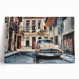 Large black and white photo of a vintage Cuban car on stretched canvas, ideal for kitchen wall art.