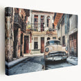 Colorful Caribbean street scene on stretched canvas, featuring vintage cars and colonial buildings.