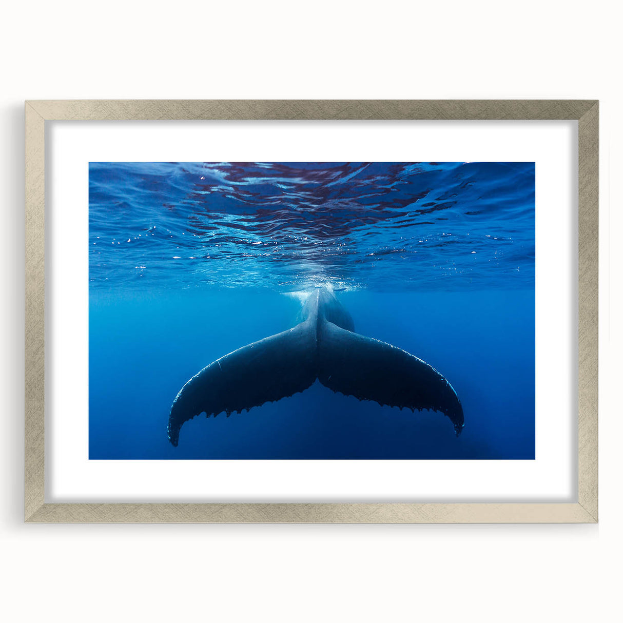 Extra large abstract art print featuring textured Caribbean scenery in muted blue and green tones, framed in silver.