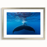 Extra large abstract art print featuring textured Caribbean scenery in muted blue and green tones, framed in silver.