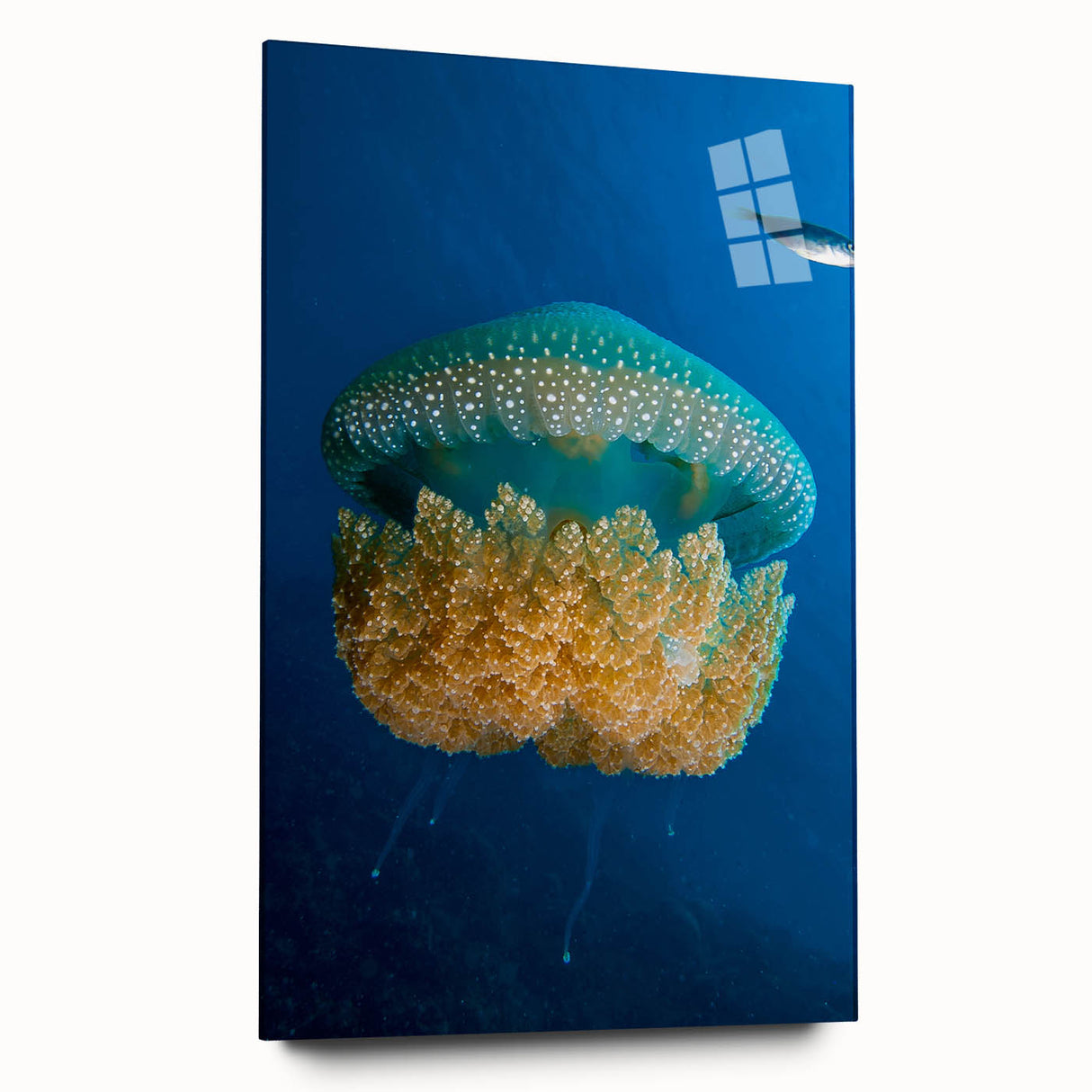 Large abstract wall art of a Caribbean scenery on acrylic glass, with vibrant blue and green tones.