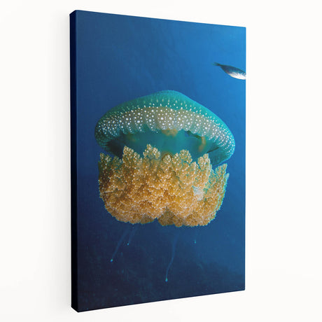 Large art depicting a Caribbean beach scene in vibrant blues and greens on a stretched canvas, ideal for kitchen wall art.