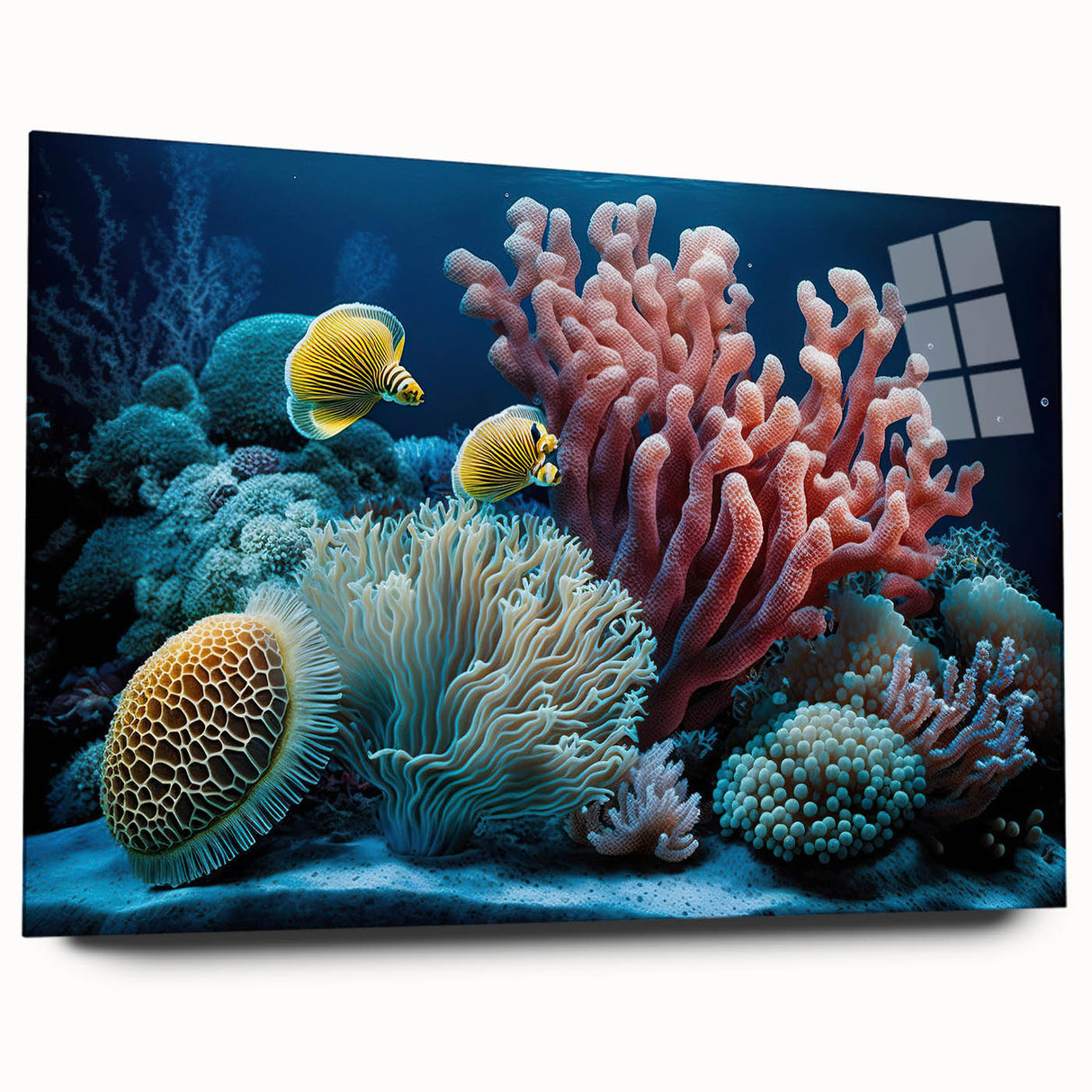 Acrylic print of a large abstract depiction of the Caribbean scenery in vibrant blue and green tones.