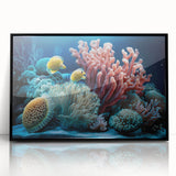 Large abstract wall art depicting a Caribbean seascape in vibrant blues and greens on a framed acrylic.