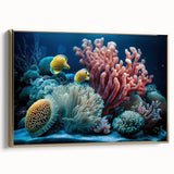 Vintage poster art of a Caribbean scene on framed canvas, featuring vibrant colors and black borders.