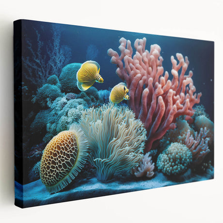 Large art print of a Caribbean scenery on stretched canvas, featuring vibrant ocean blues and lush greens.