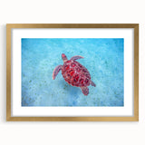 Abstract art print depicting a Caribbean seascape in muted blue and green tones, framed in gold, ideal for dining room decor.