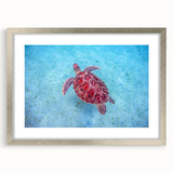 Extra large abstract art print of Caribbean scenery in vibrant blue and green tones on a textured canvas, framed in silver.