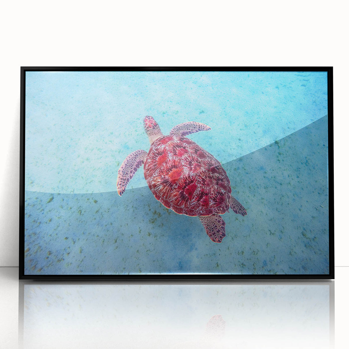 Large abstract wall art depicting Caribbean scenery, in a mid-century modernist style, acrylic print with black frame.