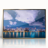 Art deco poster of a Caribbean scenery in Puerto Rico, with vibrant blue and green tones on framed acrylic.