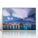 Mid-century modernist art of a Caribbean scenery in Puerto Rico, with vibrant blue and green tones, framed in white acrylic.