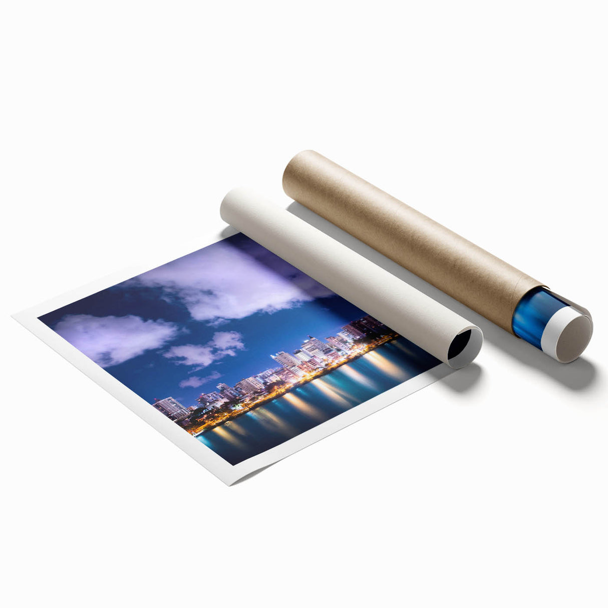 Extra large rolled print of a lush Caribbean landscape in vibrant greens and blues, ideal for classy bathroom wall art.