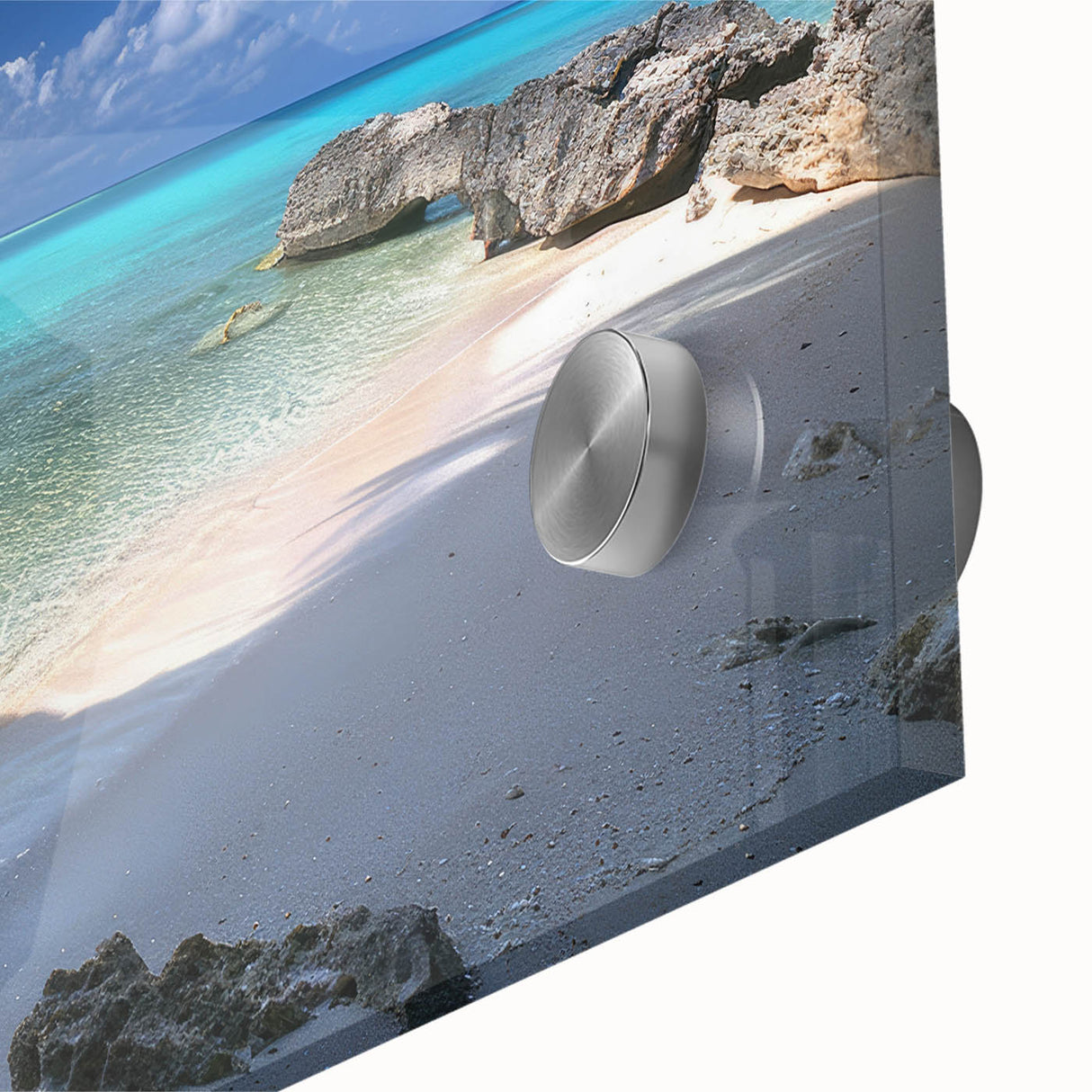 Large abstract wall art depicting Caribbean scenery on acrylic glass, in vibrant blues and greens, ideal for dining room art.