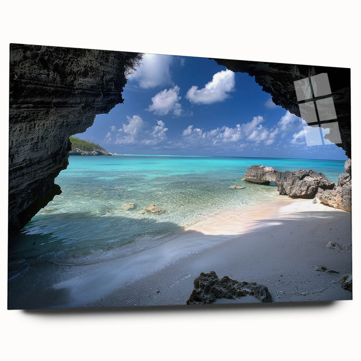 Large abstract wall art of a Caribbean scenery on acrylic glass, with vibrant blue and green hues.