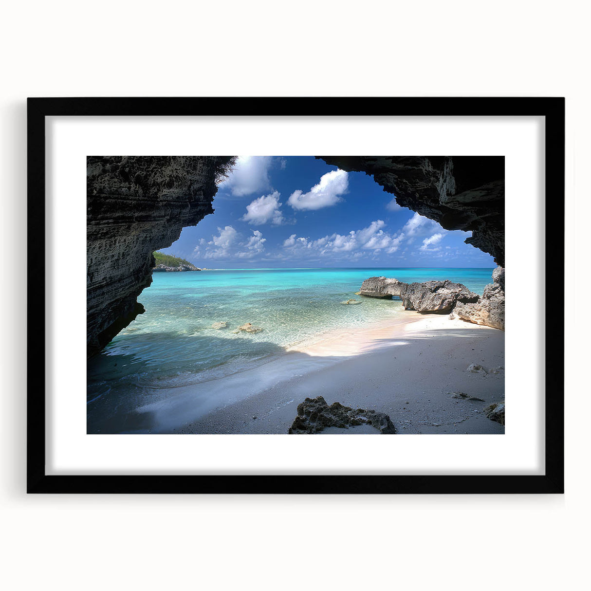 Extra large abstract art print featuring colorful, textured scenery of the Caribbean on a black framed canvas.