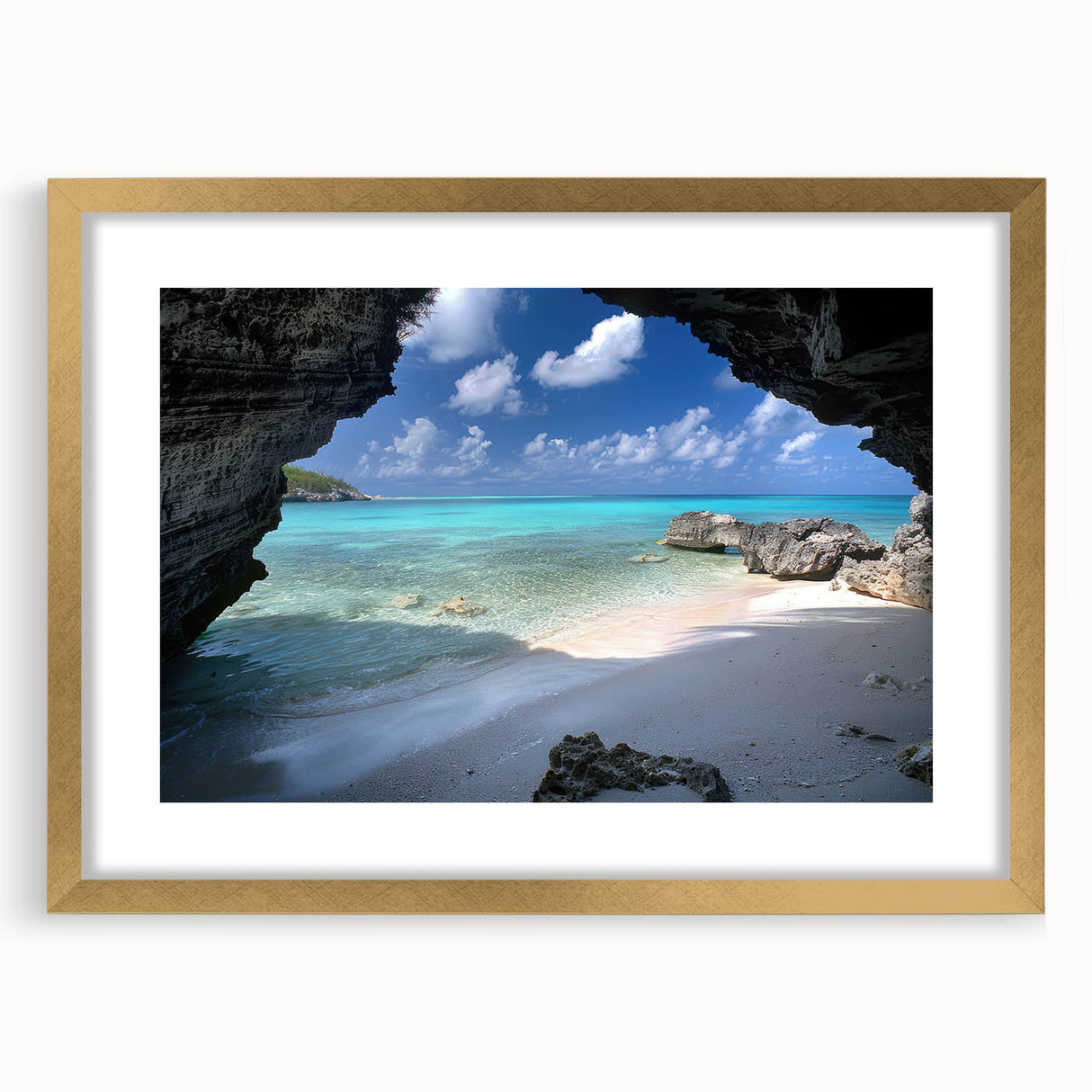 Abstract art print of Caribbean scenery in pastel blue and green shades on a framed canvas, suitable for dining room decor.