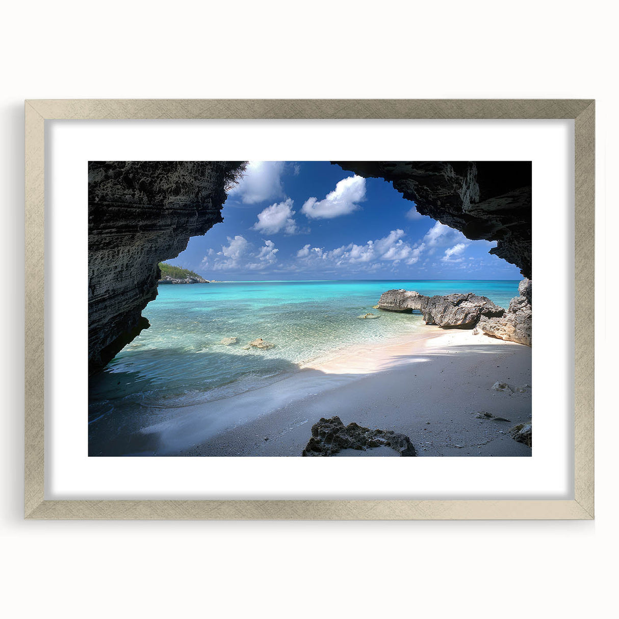 Extra large abstract art print depicting Caribbean scenery in textured blues and greens, framed in silver.