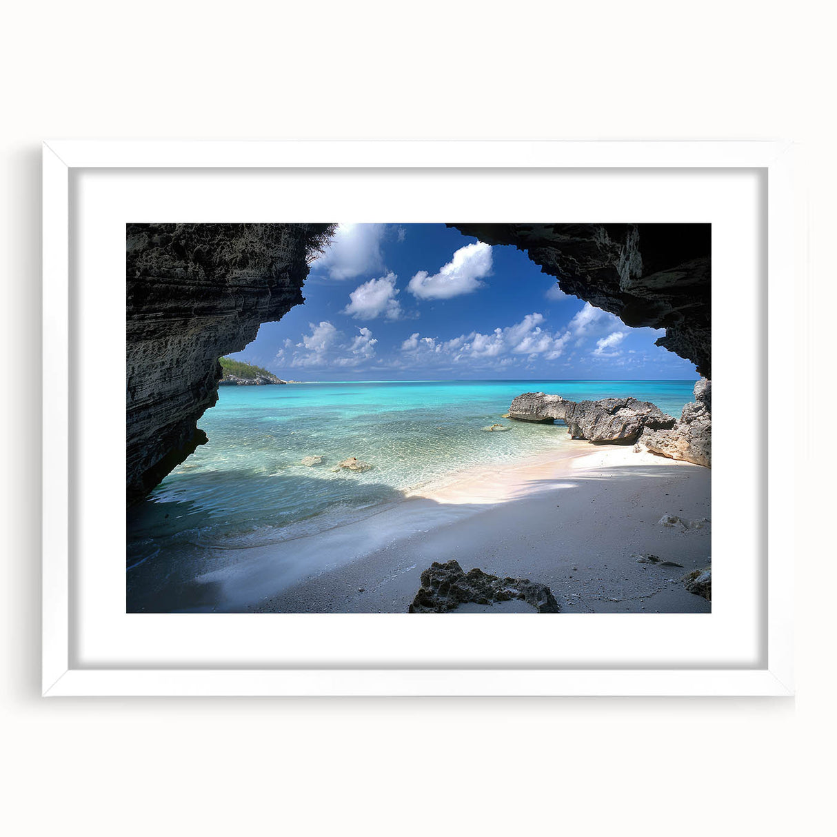 Textured abstract art print depicting a serene Caribbean scene in soft blue and white tones, framed with a white mat.