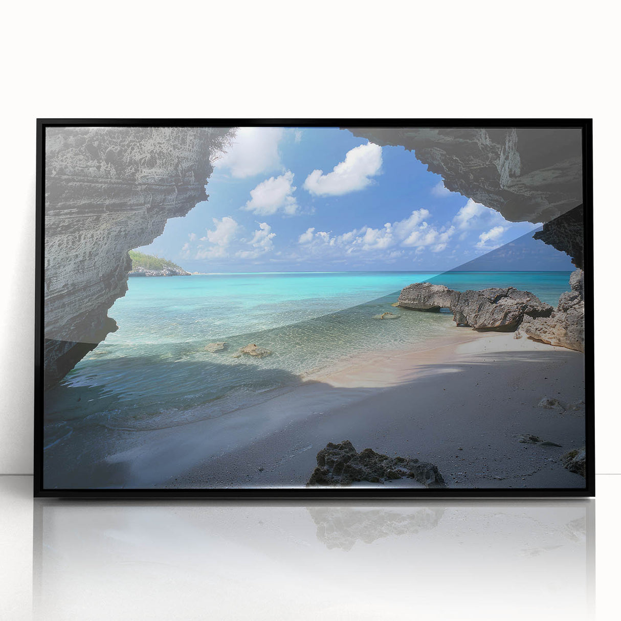 Large abstract wall art featuring a Caribbean scenery in vibrant blue and green hues, framed in black acrylic.