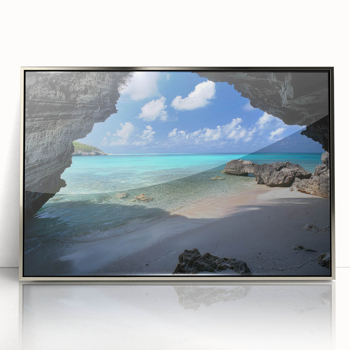 Large art print of a Caribbean beach scene in pastel colors on a silver-framed acrylic, suitable for modern nursery decor.