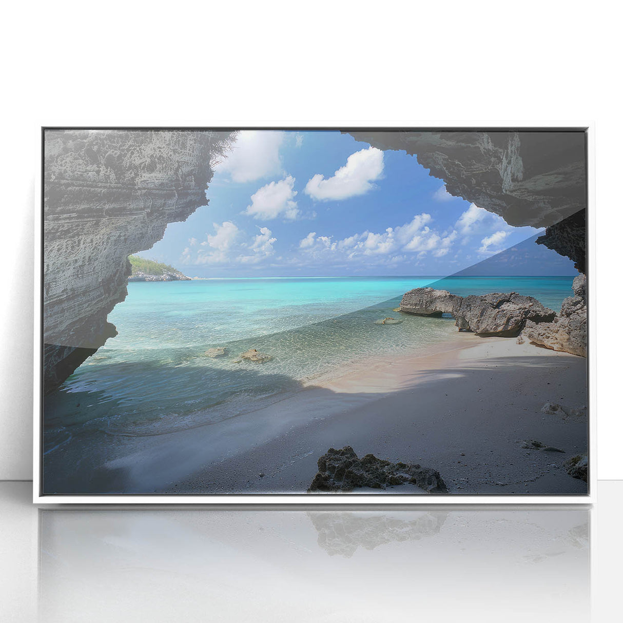 Mid-century modernist art featuring a serene Caribbean scene on white-framed acrylic, ideal for nursery wall art.