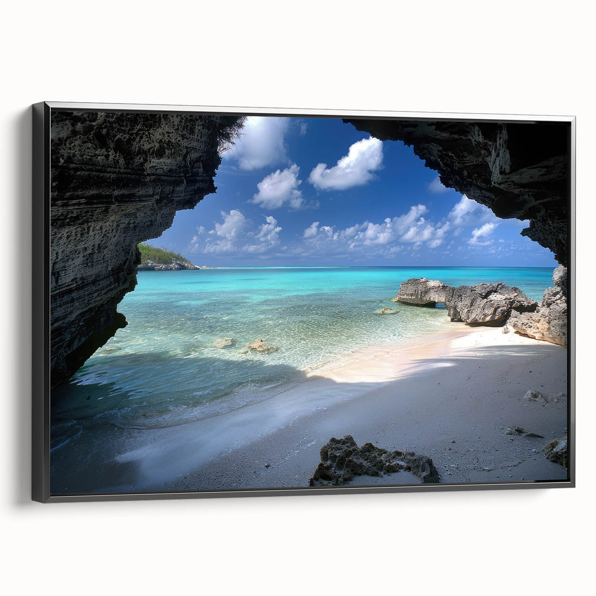 Black and white framed canvas depicting a vintage Caribbean landscape, ideal for bedroom wall decor.