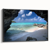 Black and white framed canvas depicting a vintage Caribbean landscape, ideal for bedroom wall decor.