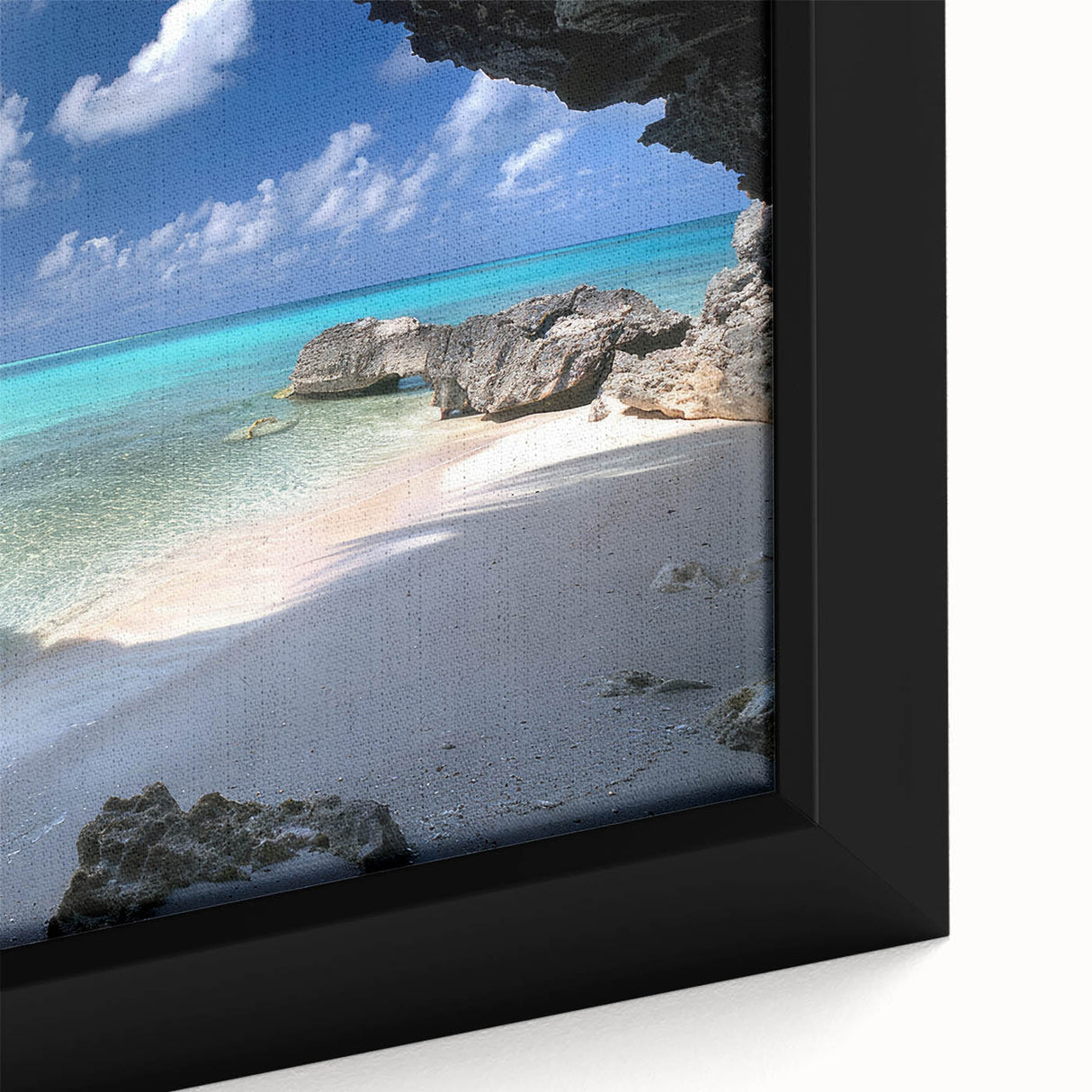 Black wall art featuring a vibrant Caribbean landscape on a textured, framed canvas, ideal for living room decor.