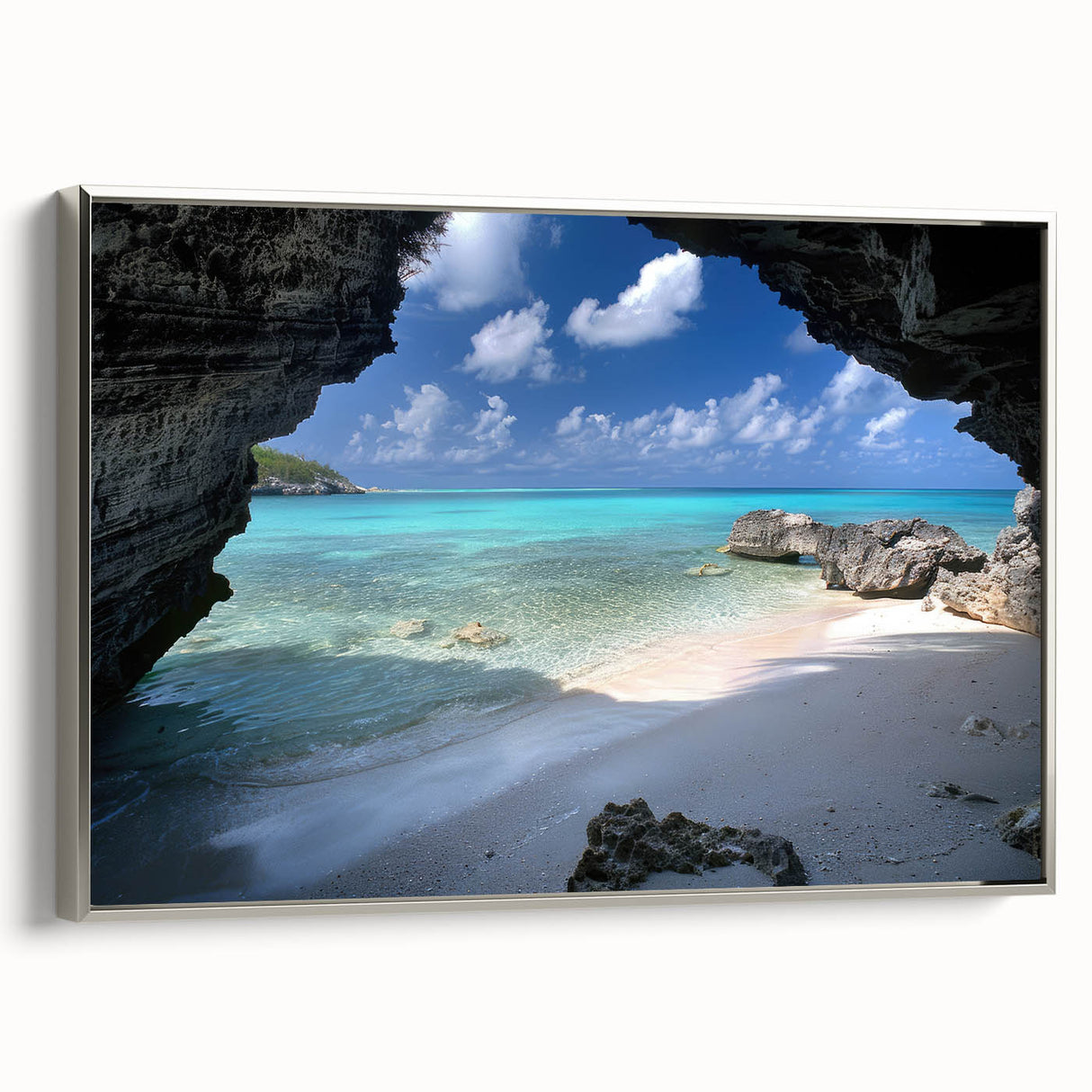 Framed canvas landscape art painting depicting a Caribbean scene with vibrant blue and green tones.
