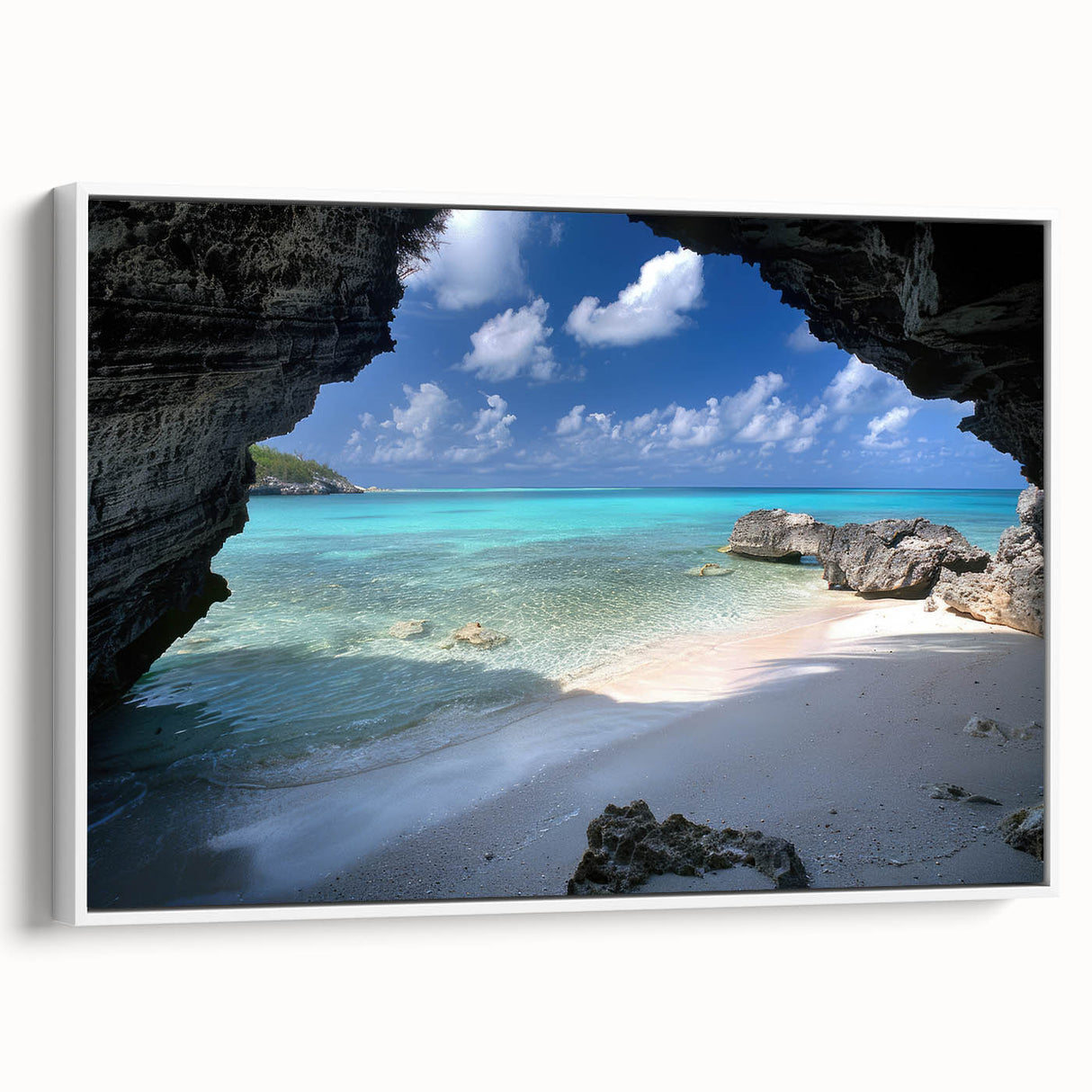 Vintage poster art of a Caribbean scene on framed canvas, featuring vibrant colors, ideal for living room decor.