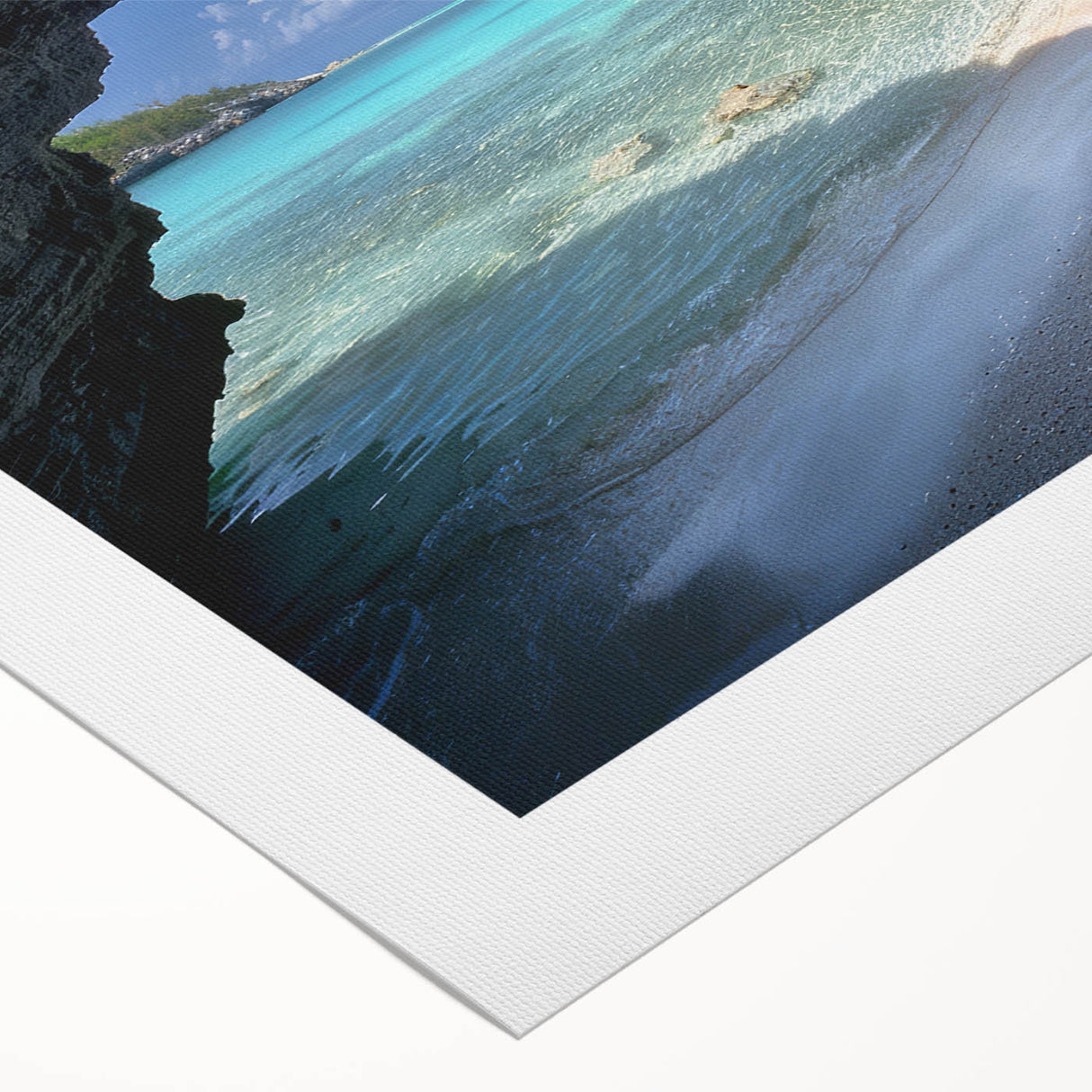 Art deco poster featuring a Caribbean scene with vibrant blue and turquoise hues on rolled canvas.