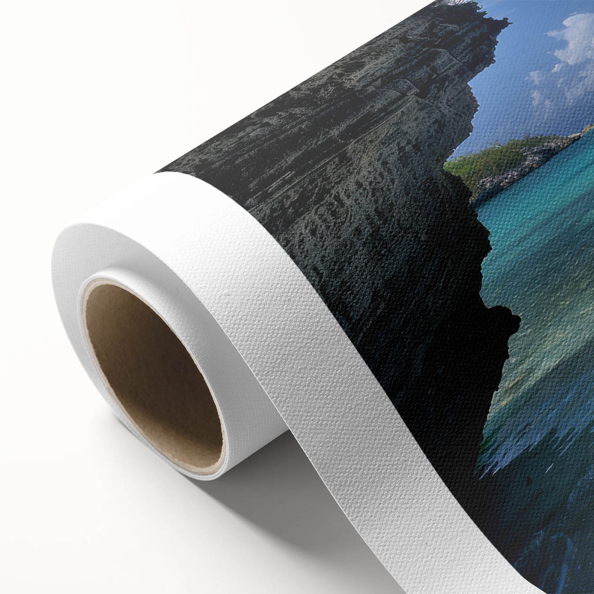 Art Deco poster of Caribbean scenery on rolled canvas, featuring pastel blue and pink tones, ideal for nursery wall art.