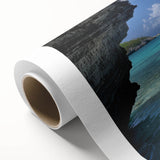 Art Deco poster of Caribbean scenery on rolled canvas, featuring pastel blue and pink tones, ideal for nursery wall art.
