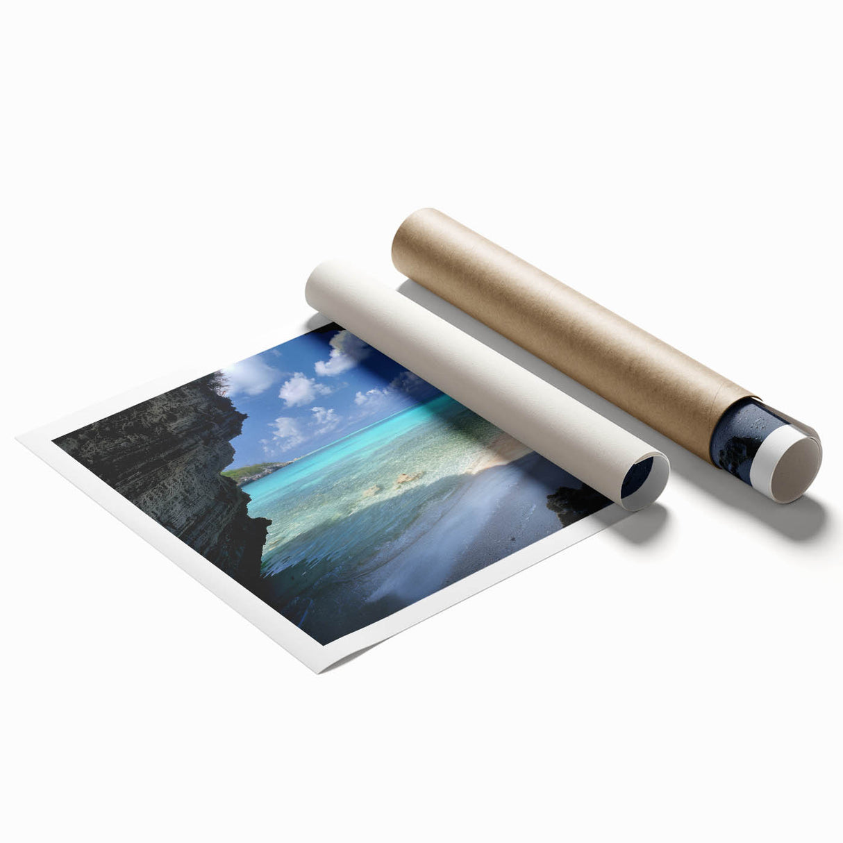 Extra large rolled print of a Caribbean scenery with vibrant turquoise waters and lush greenery.