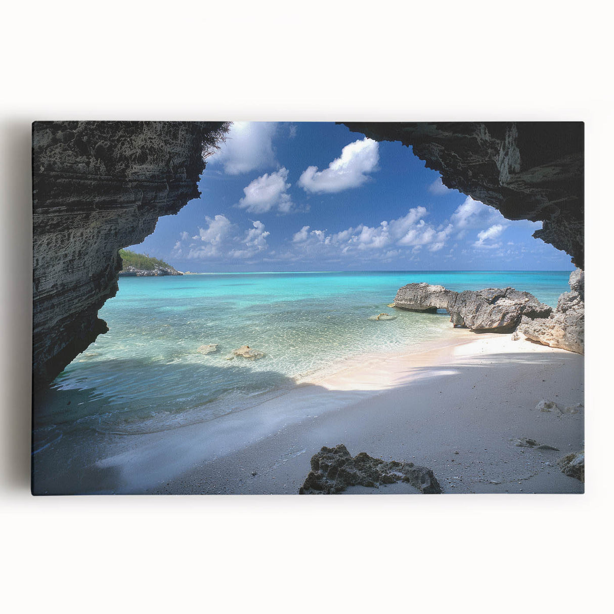 Black and white stretched canvas featuring a serene Caribbean beach scene, ideal for kitchen wall art or bedroom ambiance.
