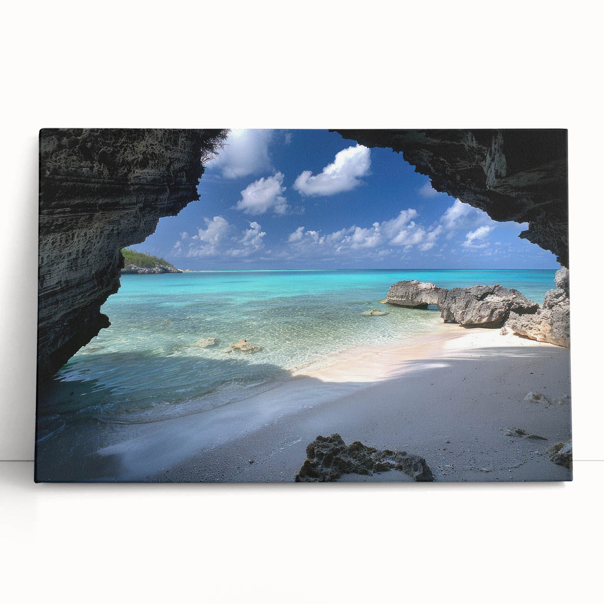 Black and white stretched canvas depicting a serene Caribbean beach, ideal for kitchen wall art.