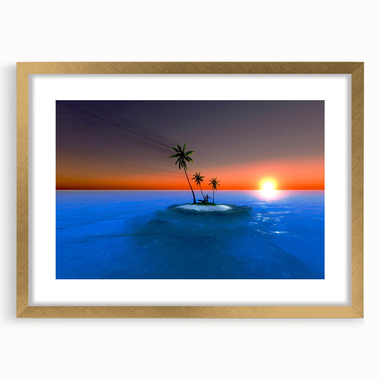 Abstract art print of the Caribbean Virgin Islands in muted blue and green tones, framed in gold.