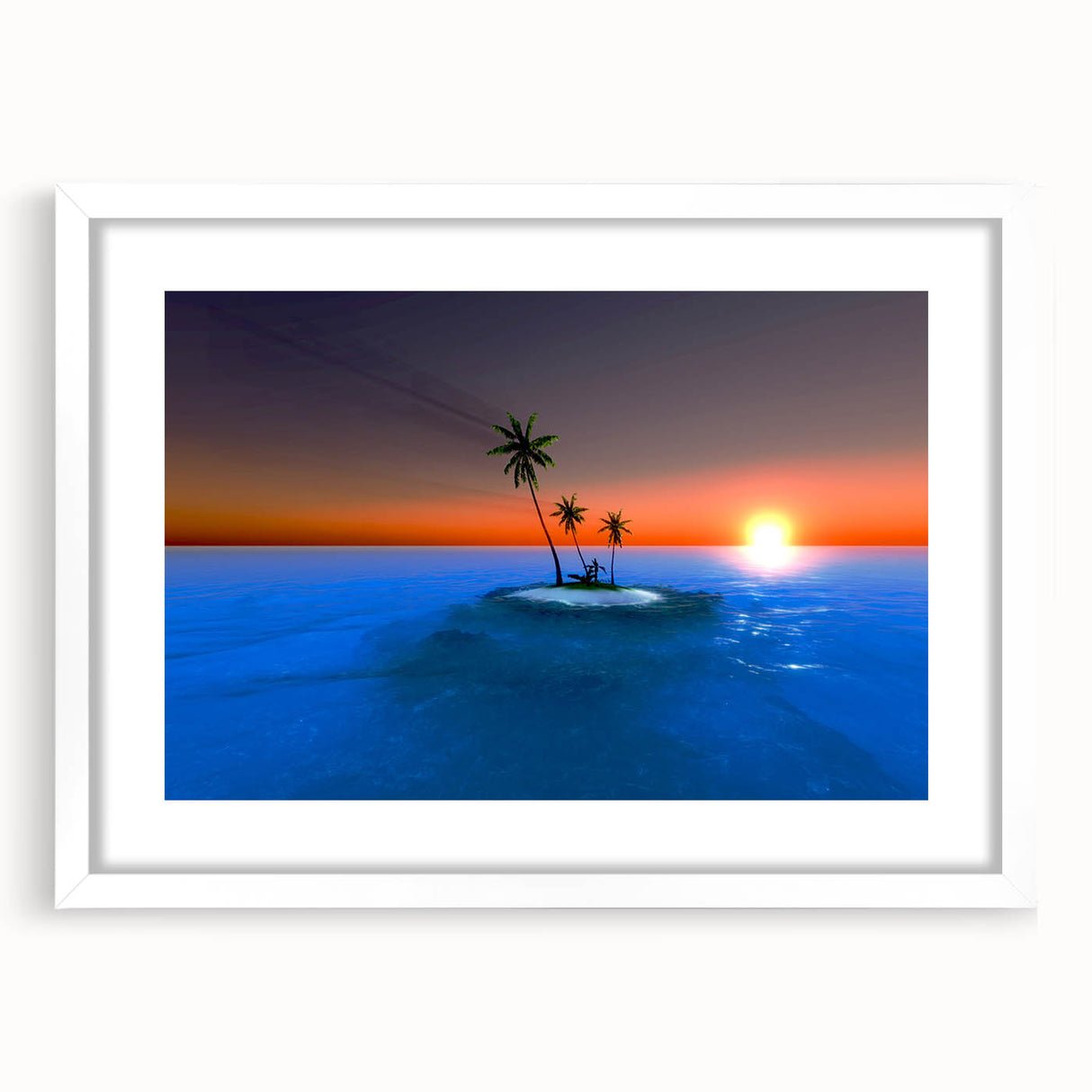 Textured art print of the Caribbean Virgin Islands in abstract style on a white framed mat, suitable for bedroom art.